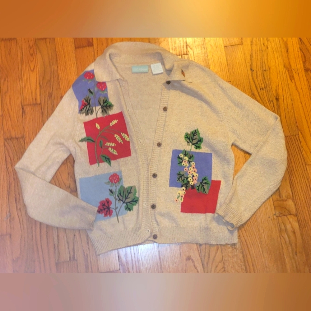 Floral Patchwork Cardigan Sweater For Fall & Winter - Size Small
